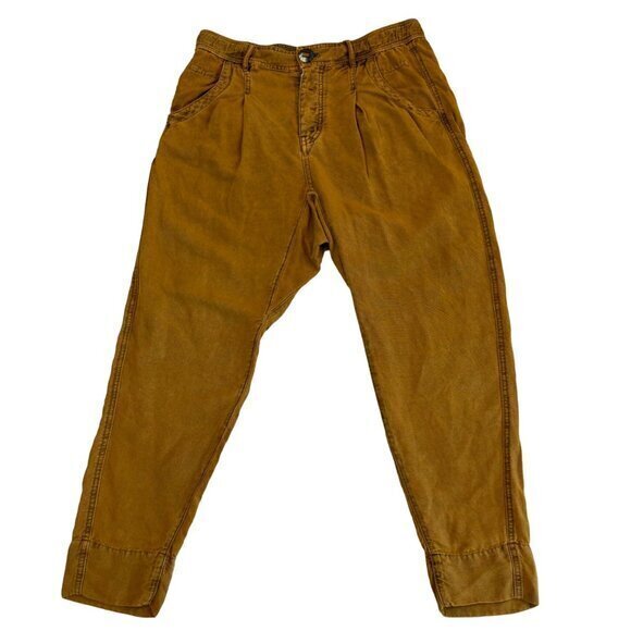 Free People Dark‎ Mustard Tapered Leg Linen Blend Button Front Pants Size 6 - Picture 1 of 11